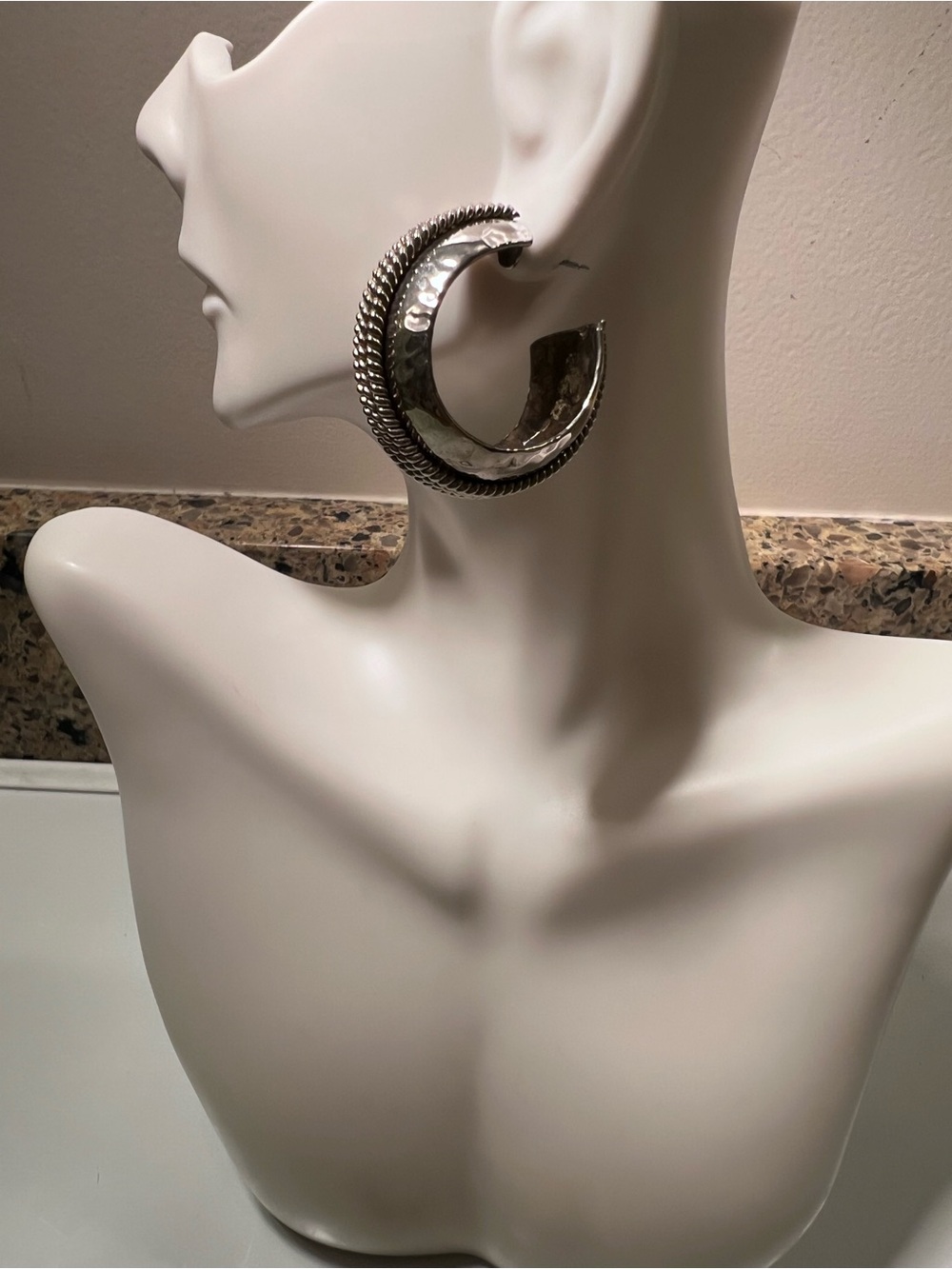 Silver Hammered Textured with GoldTone Rope-Edge Hoop Pierced Earrings